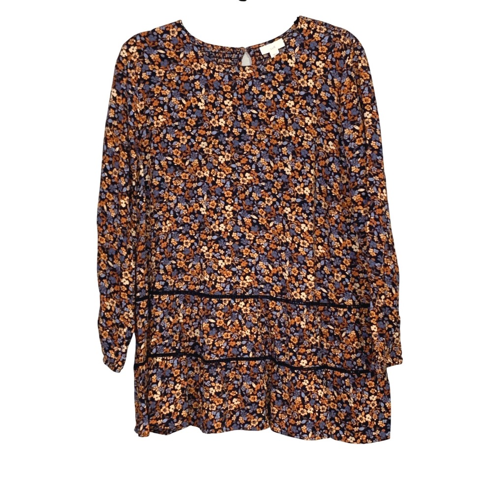 J.Jill Women Floral Tiered Long Sleeve Tunic Navy Blue Exuberant Floral Size L‎